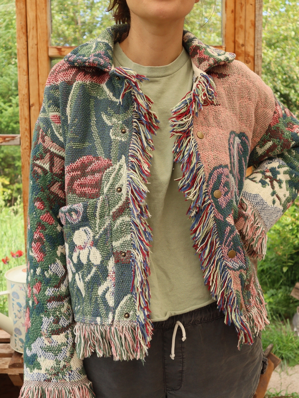 Upcycled Vintage Blanket Jacket With Fringe Garden Flowers Cottagecore - Picture 6 of 16